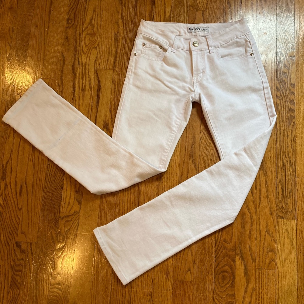 Monica’s womens small stretch narrow mid rise white jeans